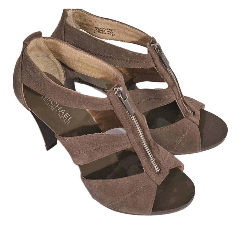 Michael Kors Berkley T Strap Zip Up Taupe Suede Leather Sandal Heels Size 8 M - Picture 3 of 13